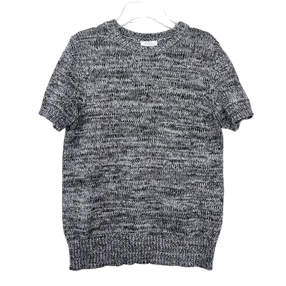 Kate Spade Black White Space Dye Heathered Knit Short Sleeve Crewneck Sweater S